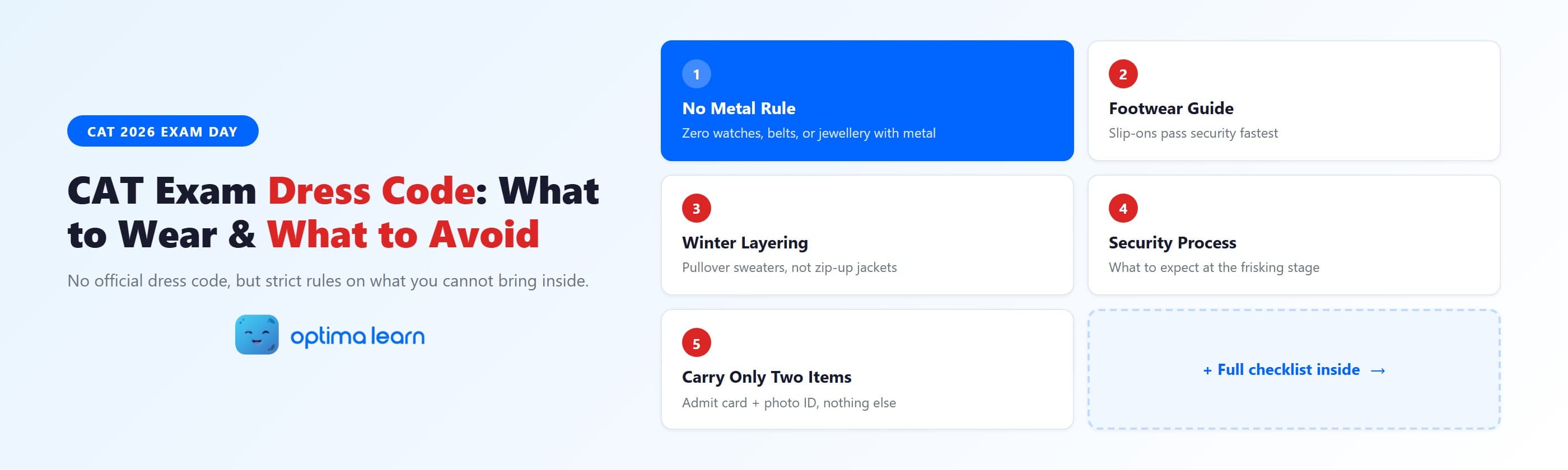 CAT Exam Dress Code 2026 — What to Wear and What to Avoid, with checklist cards showing no metal rule, footwear guide, winter layering tips, and security process, by Optima Learn