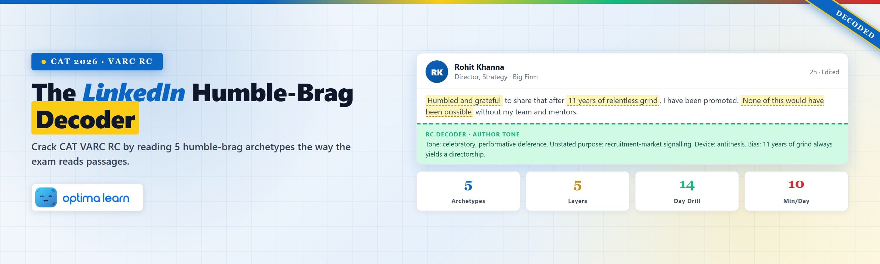  Mock LinkedIn post with yellow-highlighter annotations and a green RC decoder reveal showing CAT VARC RC author tone, purpose, device, and bias.