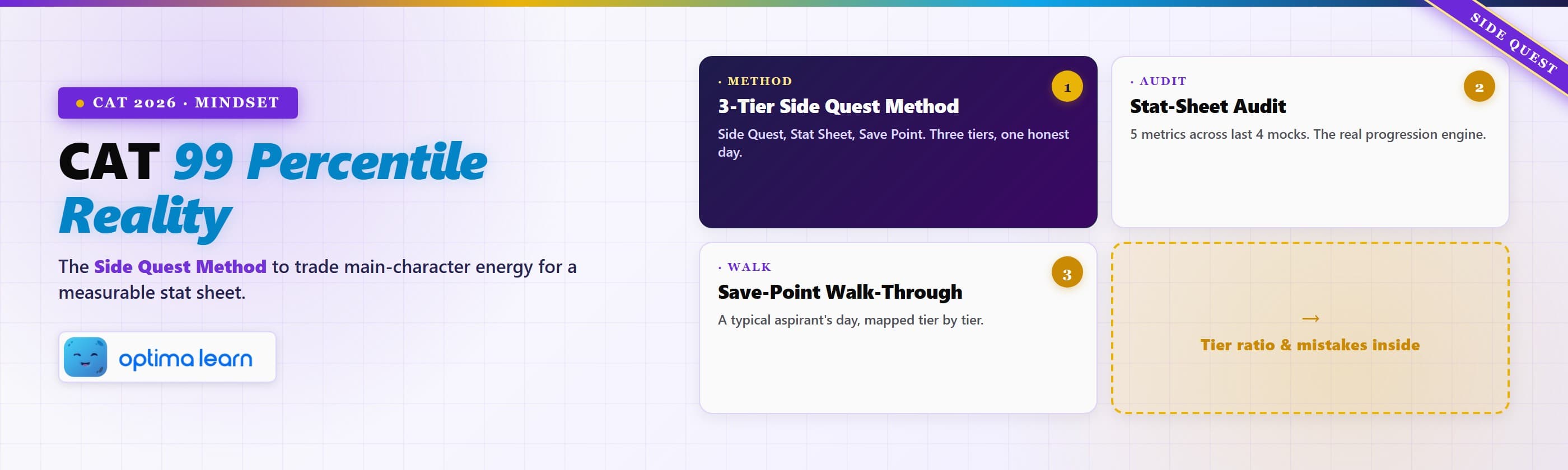 CAT 99 Percentile Reality hero with the 3-Tier Side Quest Method, Stat-Sheet Audit, Save-Point   Walk-Through, and Optima Learn logo for CAT 2026 prep.