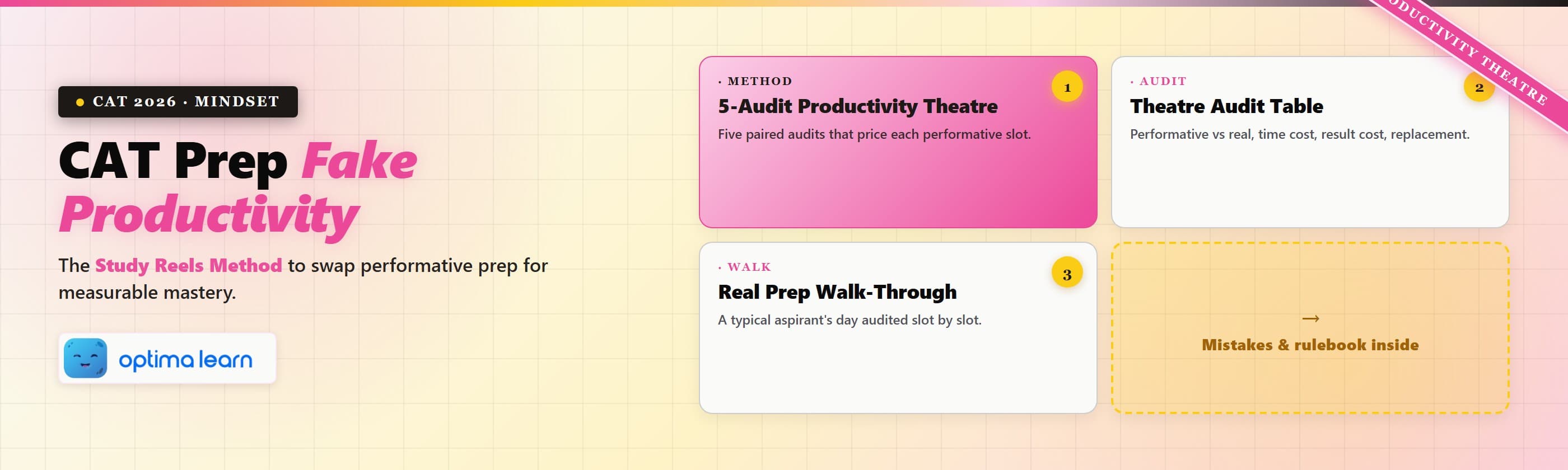 CAT Prep Fake Productivity blog hero — Study Reels Method for CAT 2026 mindset with the 5-Audit   Productivity Theatre Method, paired audit table, real prep walk-through, and rulebook inside.