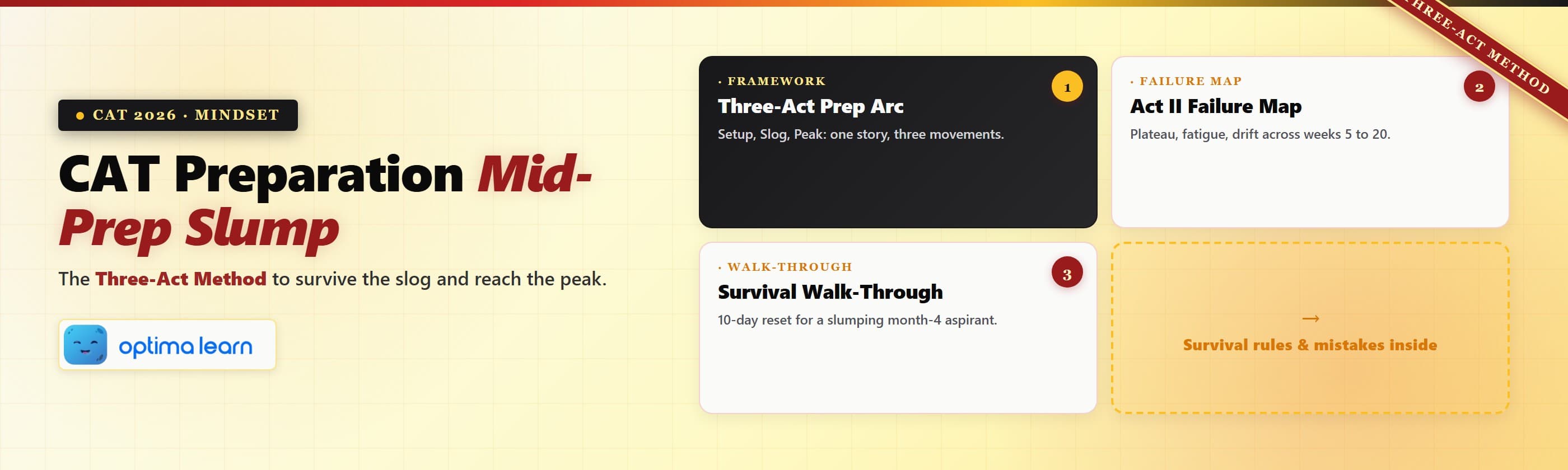  CAT Preparation Mid-Prep Slump blog hero, Three-Act Method for CAT 2026 mindset with the Three-Act Prep    Arc framework, Act II failure map, survival walk-through, and survival rules teaser inside.