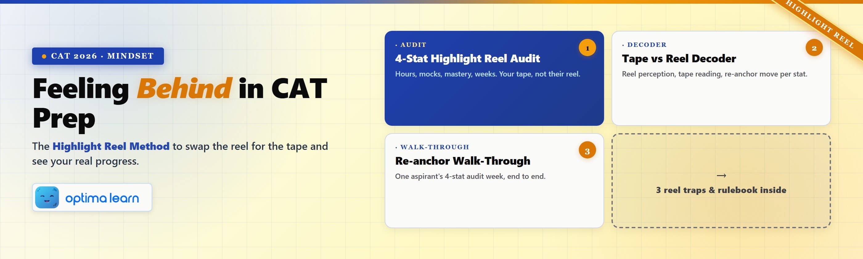 Feeling Behind in CAT Prep blog hero - Highlight Reel Method for CAT 2026 mindset with the 4-Stat   Highlight Reel Audit, tape vs reel decoder, re-anchor walk-through, and 3 reel traps inside.