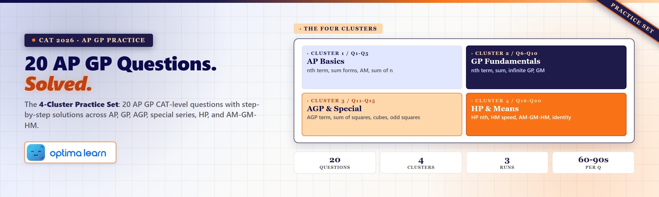 20 solved AP GP formula questions for CAT 2026 practice with step-by-step worked solutions in indigo, persimmon, and   ivory practice-set design.