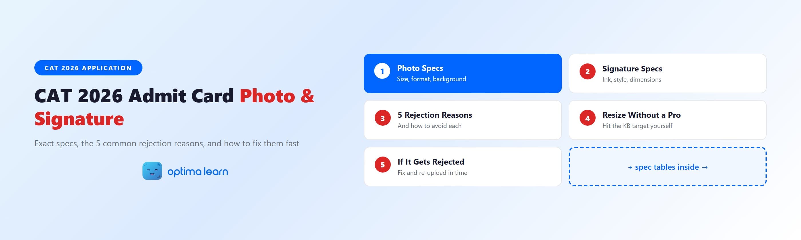  CAT 2026 admit card photo and signature guide: exact specs (size, format, background, ink), the 5   common rejection reasons, and how to resize a photo without a studio.