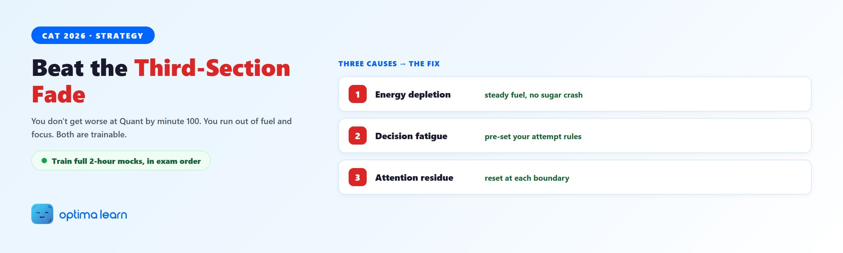 CAT endurance: the three causes of third-section fade, glucose depletion, decision fatigue and attention residue, and how to train against them.