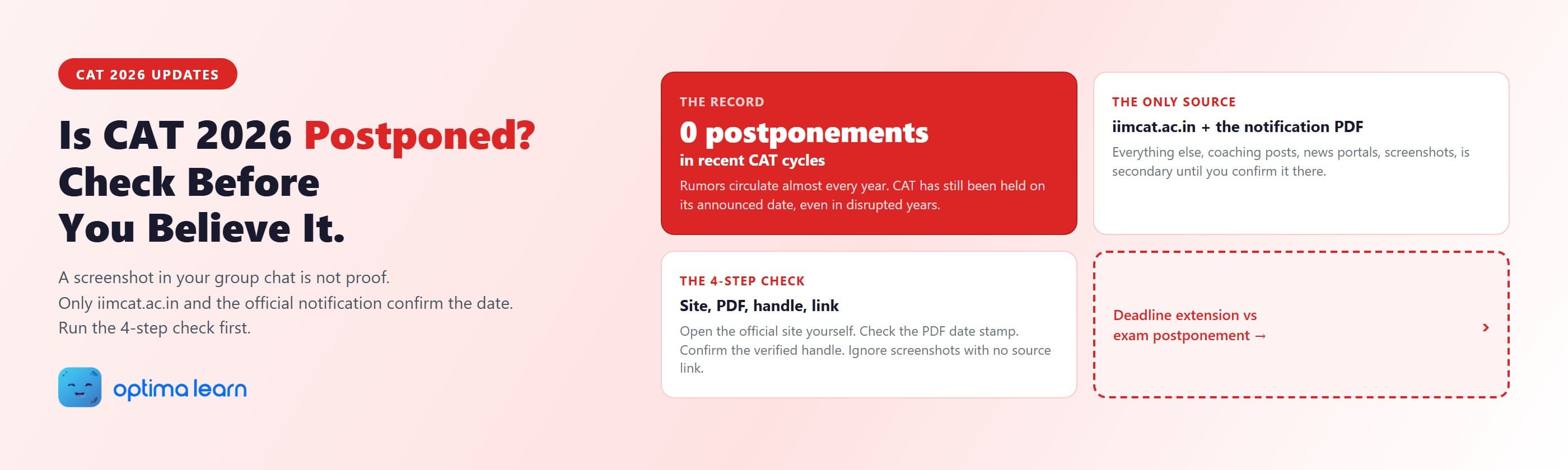 CAT 2026 postponement rumor check showing the only authoritative sources (iimcat.ac.in and the official notification PDF), a four-step date-verification protocol, and the recent record of CAT being held on schedule.