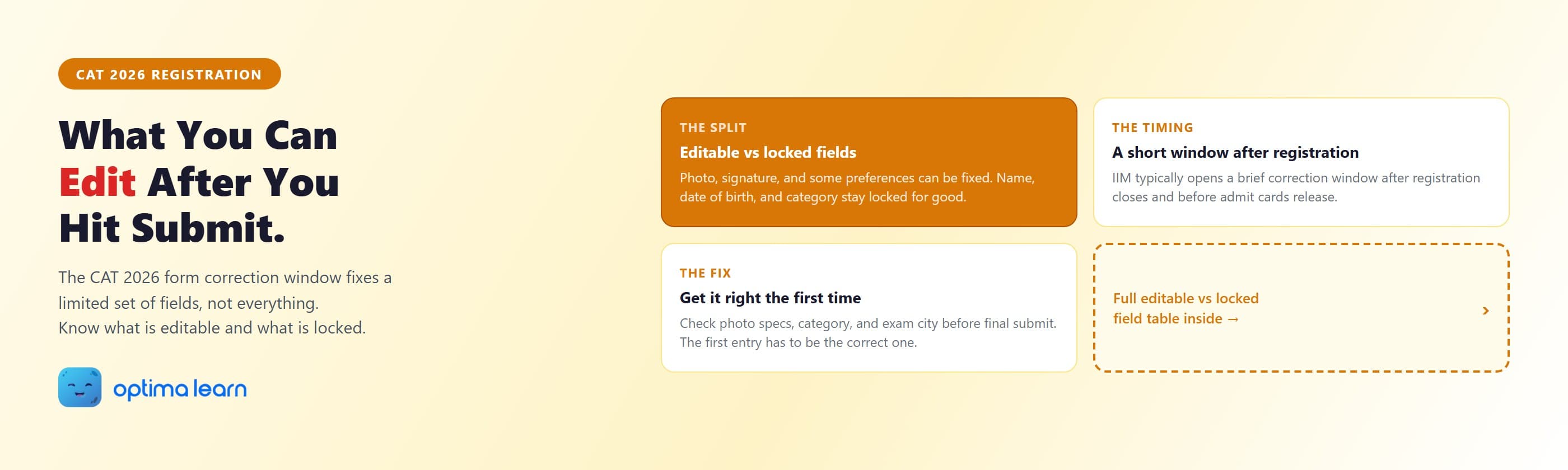 CAT 2026 form correction window guide showing which fields are typically editable versus permanently locked, the short correction window after registration, and how to get the form right the first time.
