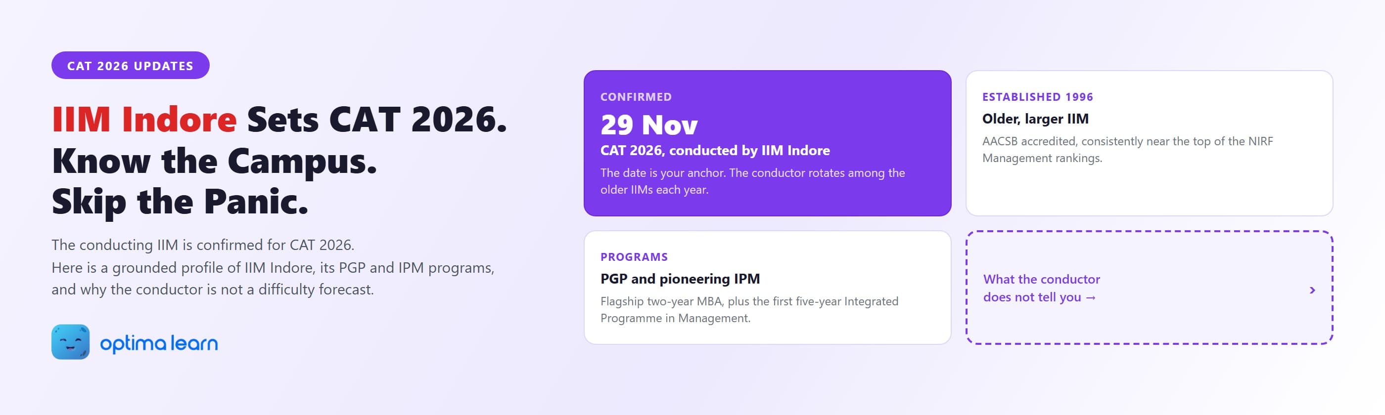 CAT 2026 Updates hero for IIM Indore showing the expected 29 November exam date, IIM Indore as the conducting institute, and its flagship PGP with the pioneering IPM.