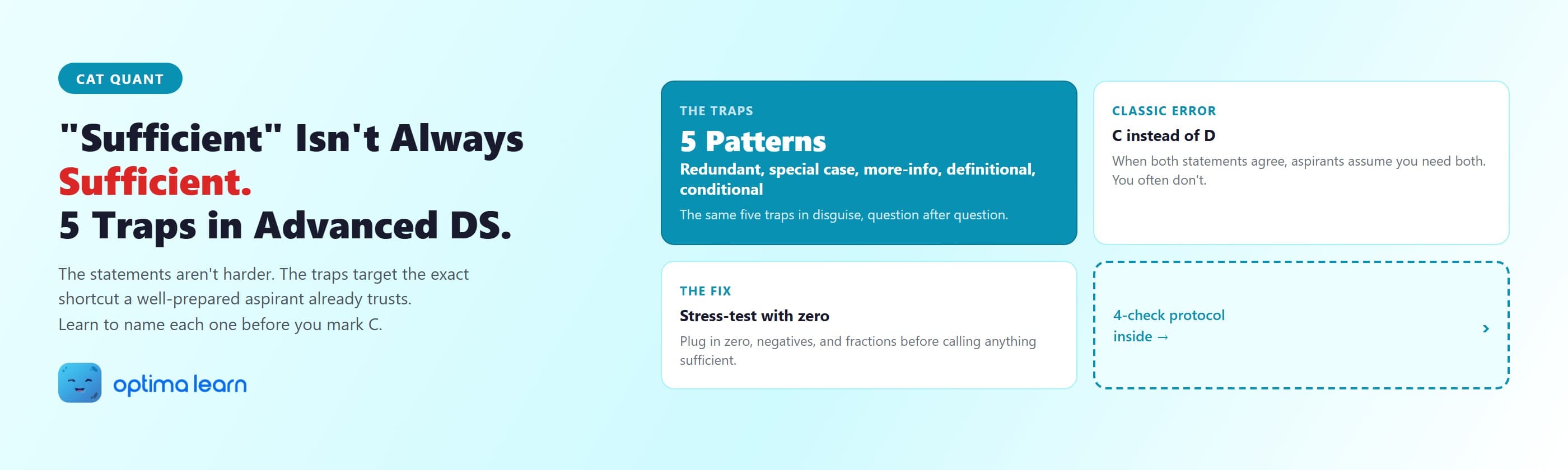 CAT advanced data sufficiency traps hero showing 5 patterns: redundant sufficiency, special case, more-info, definitional, conditional.