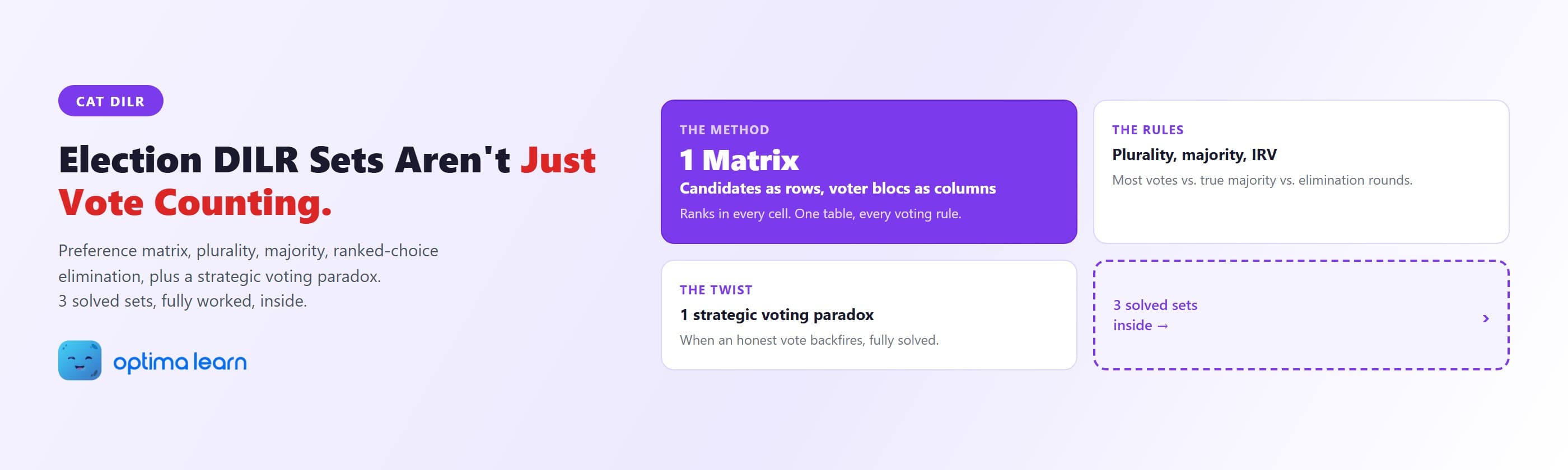 CAT DILR election and voting sets hero showing the preference matrix method, the three voting rules, and the strategic voting paradox twist.