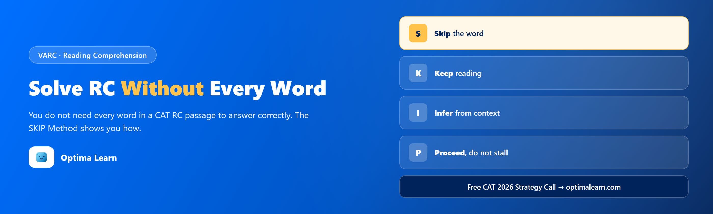 Optima Learn hero banner: "Solve RC Without Every Word," introducing the 4-step SKIP Method for handling unfamiliar vocabulary in CAT RC passages.