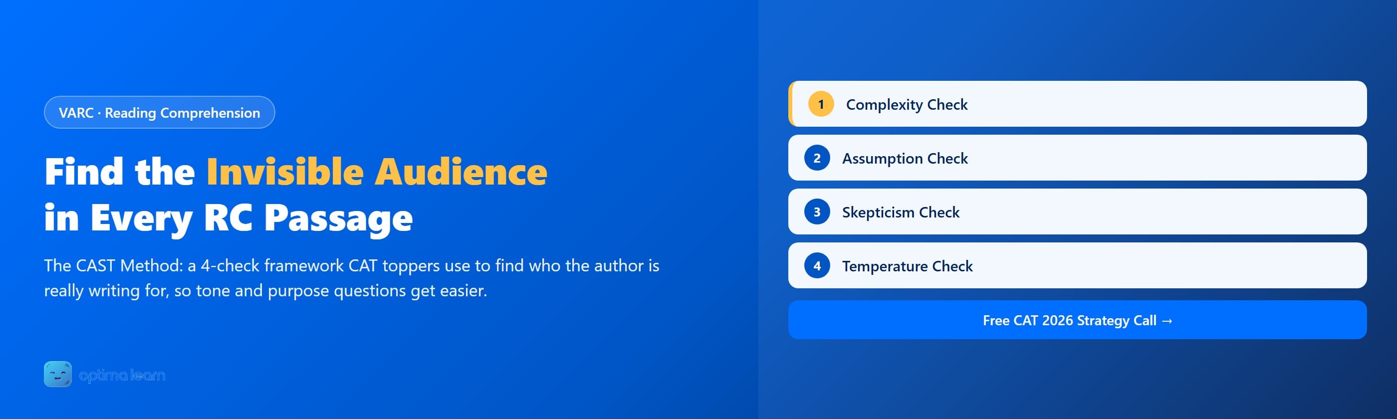  Optima Learn hero graphic for The Invisible Audience: brand-blue banner introducing the CAST Method with 4 numbered check cards (Complexity, Assumption, Skepticism, Temperature) for finding who a CAT RC author is really writing for.