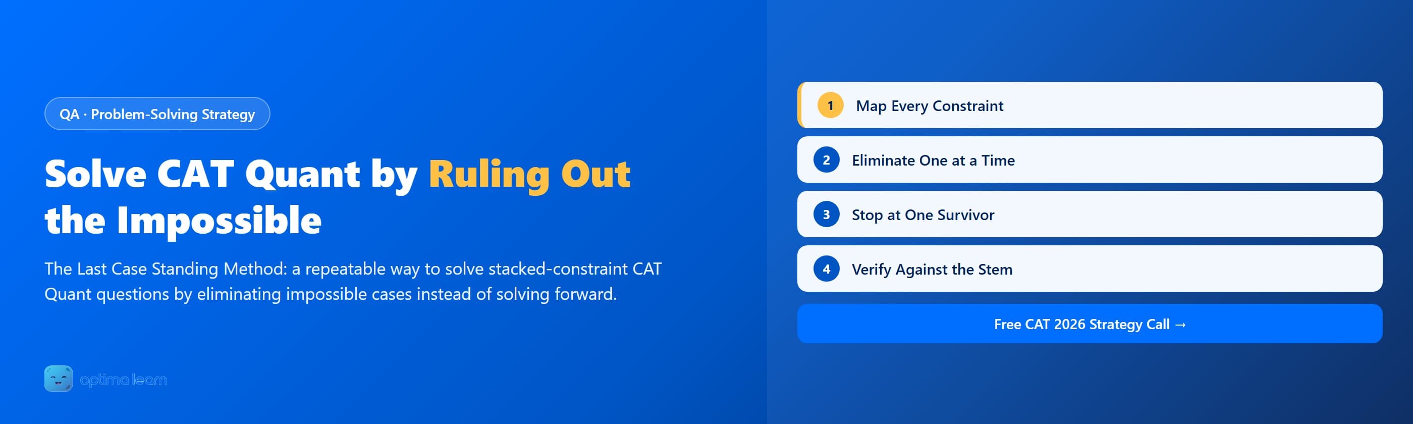  Optima Learn hero graphic for the CAT Quant Elimination Method: brand-blue banner introducing the Last Case Standing Method (Map Constraints, Eliminate Fast, One Survivor) for solving Quant questions by ruling out impossible cases.