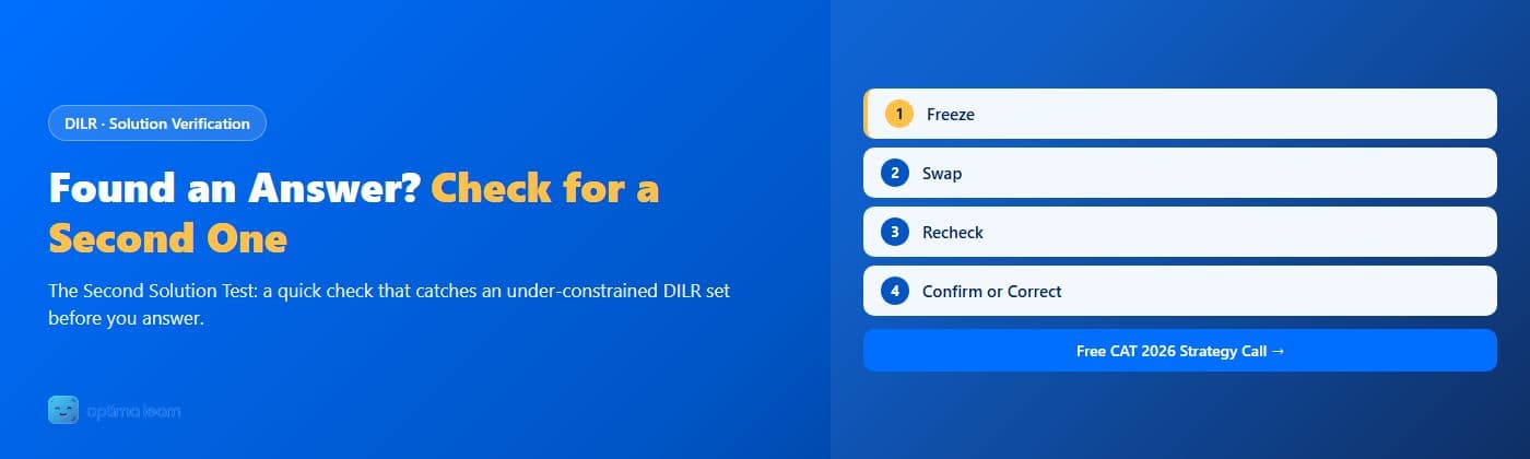  Optima Learn hero graphic for The Second Solution Test: brand-blue banner headlined "Found an Answer? Check for a Second One" with 4 numbered method cards (Freeze, Swap, Recheck, Confirm or Correct).