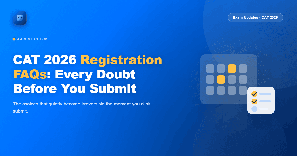 Optima Learn hero image for CAT 2026 Registration FAQs, showing a calendar widget and a checklist widget layered together on a brand-blue background, with the Optima Learn logo in the top-left corner.