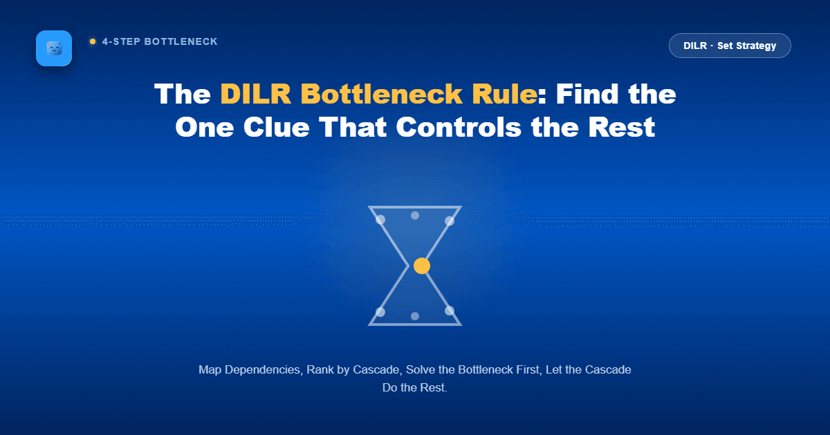 Optima Learn hero image for The DILR Bottleneck Rule, showing an hourglass-shaped graphic with clue nodes narrowing to one highlighted center point, with the Optima Learn logo in the top-left corner.