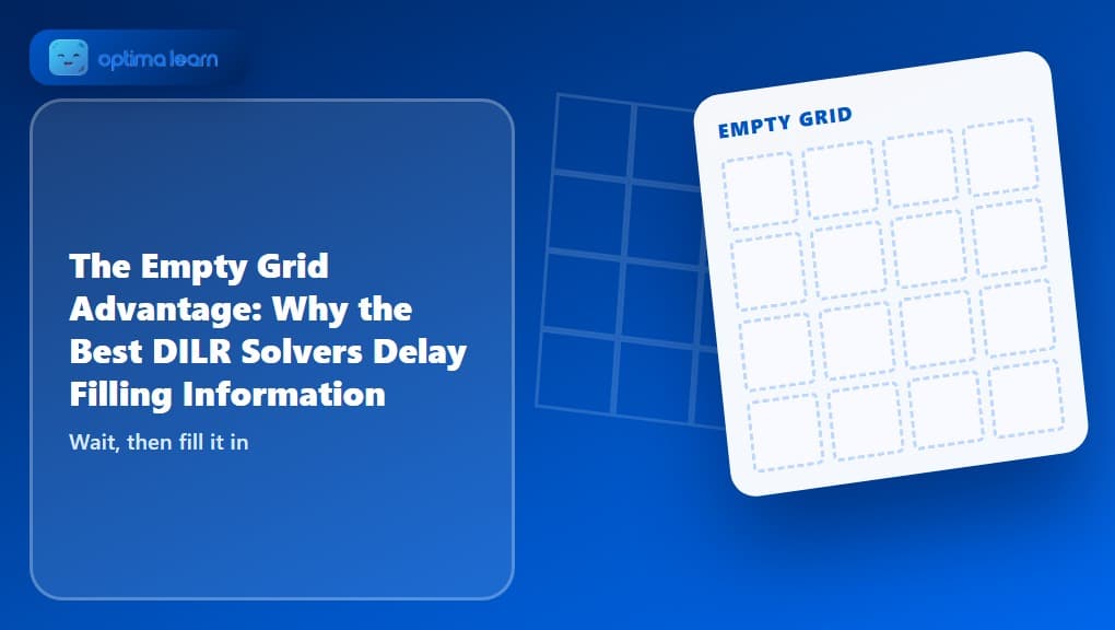 A tilted blank DILR grid card floating above a faint, messy grid with an hourglass icon, illustrating the Empty Grid Principle