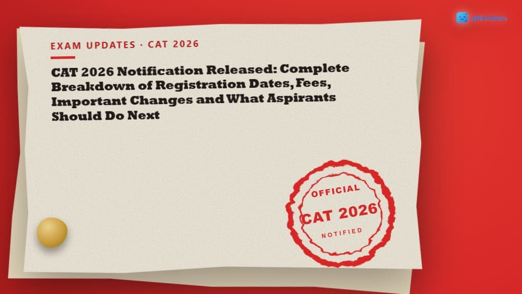 An official red wax-sealed stamp reading CAT 2026 Notified on a cream paper notice, confirming the exam notification release.