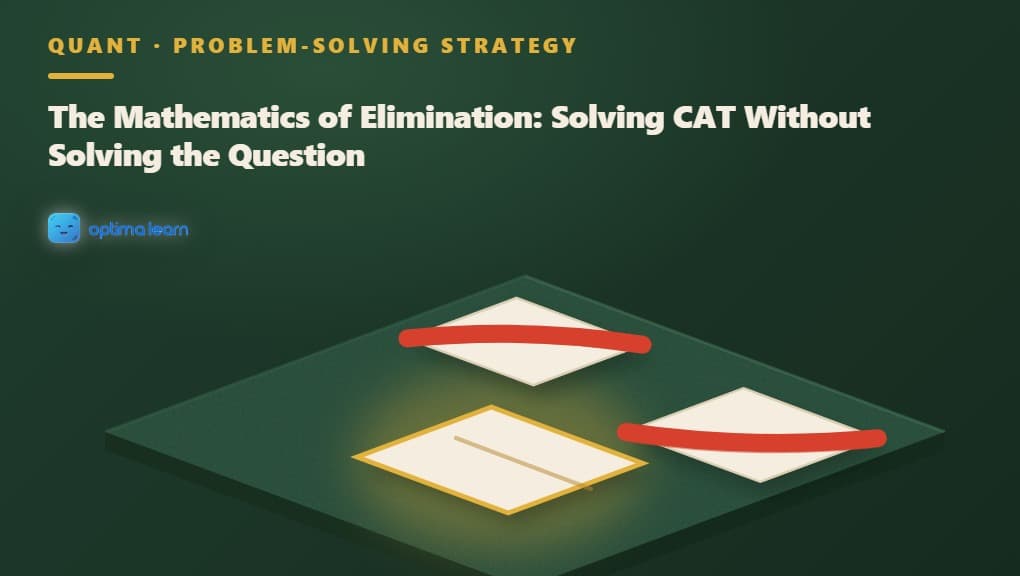 An isometric desk with three paper answer-option cards, two crossed out in red marker and one glowing gold, illustrating the Elimination Tree.