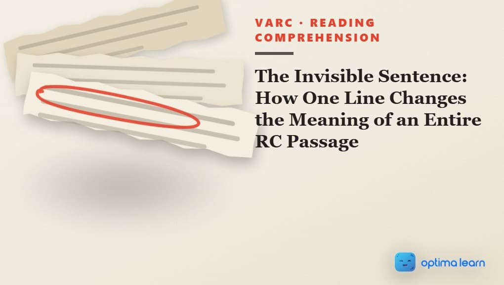  A stack of torn paper strips fanned across a cream desk, one line circled in hand-drawn red ink, illustrating the Hinge Method for spotting the sentence that flips a CAT RC passage's meaning.