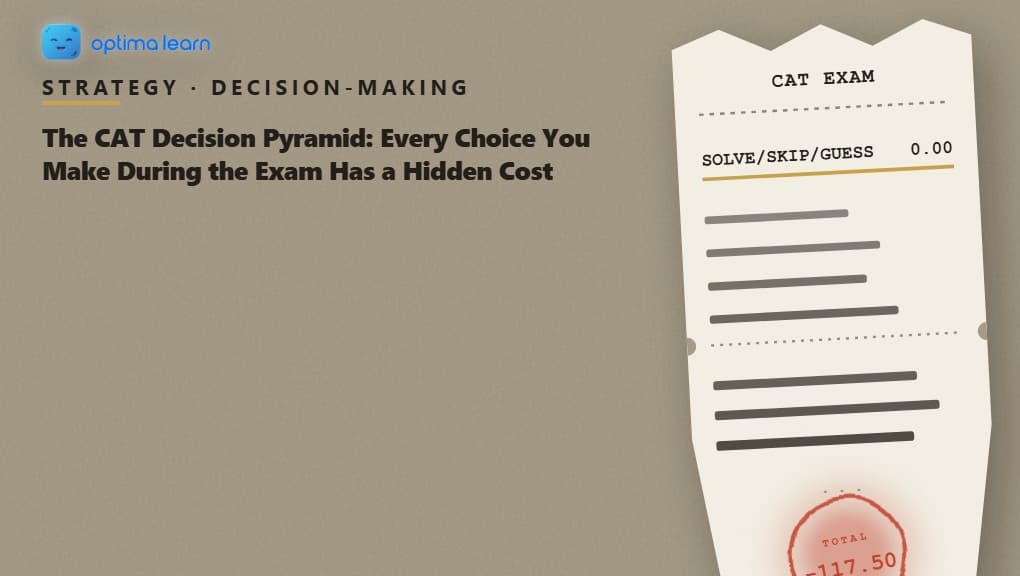  An itemized paper receipt curling downward, each CAT exam decision printed as an escalating line-item charge, culminating in a large red hand-stamped total, illustrating the Iceberg Principle behind the CAT Decision Pyramid's hidden costs.
