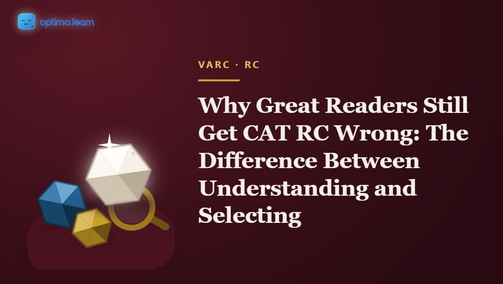 A jeweler's velvet tray holding several gemstones beside a loupe, stones a convincing but ultimately wrong color or cut, one stone catching a genuine bright glint of true light, illustrating The Loupe Test framework for spotting CAT RC answer choice traps