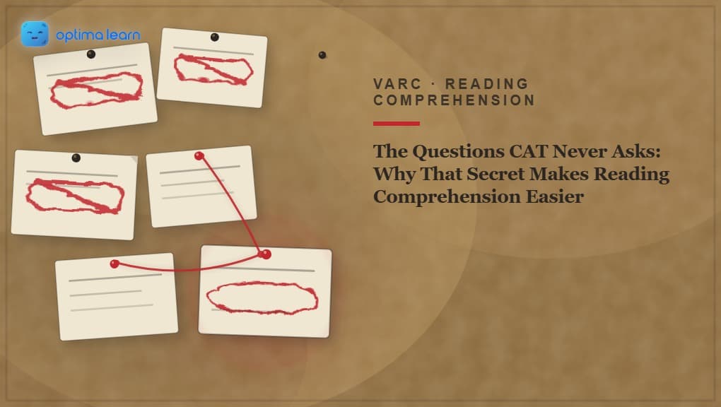 evidence board pinned with case-file cards, several stamped over with a distressed red rejection mark, three clean cards linked by taut red string converging on one glowing card, illustrating The Never-Asked List framework for CAT RC question types.