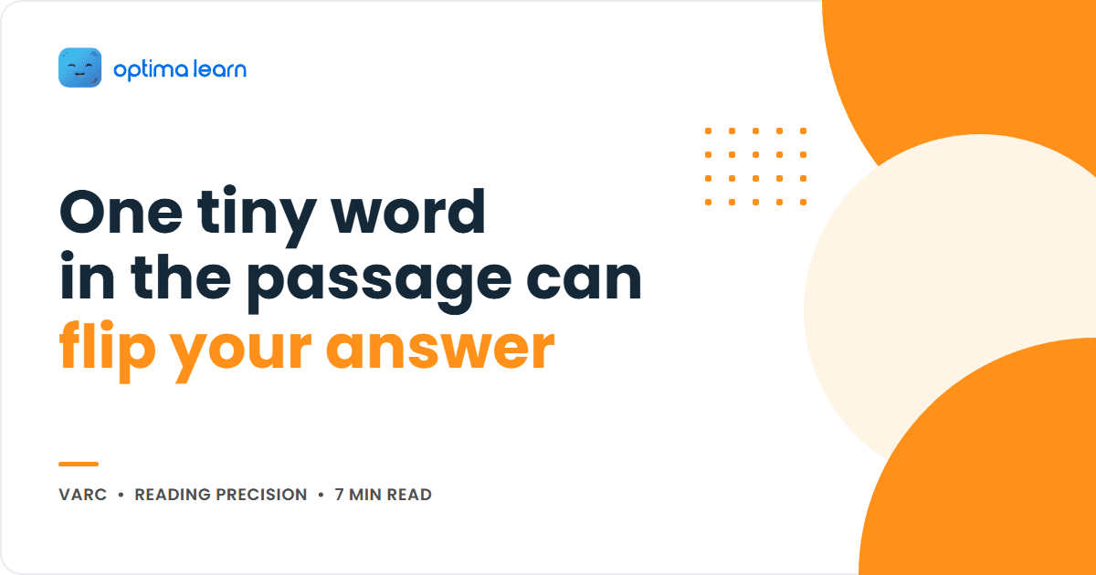 Optima Learn cover graphic for the article "One tiny word in the passage can flip your answer", showing the title beside an abstract orange wave and dot-grid design