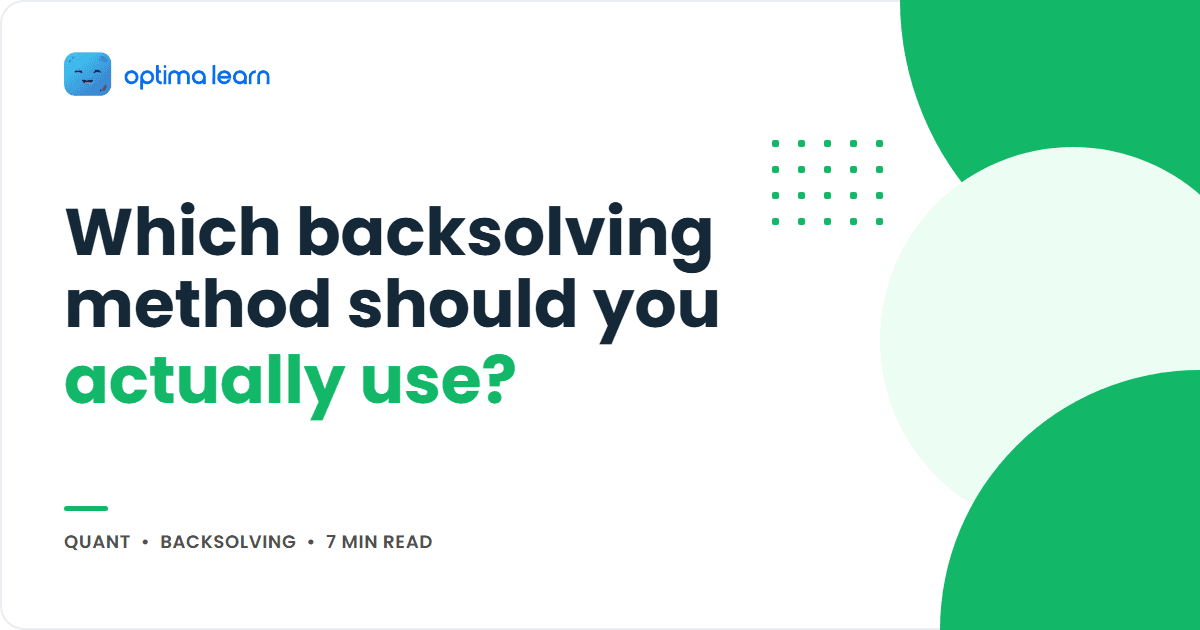 Optima Learn cover graphic for the article "Which backsolving method should you actually use?", showing the title beside an abstract green wave and dot-grid design