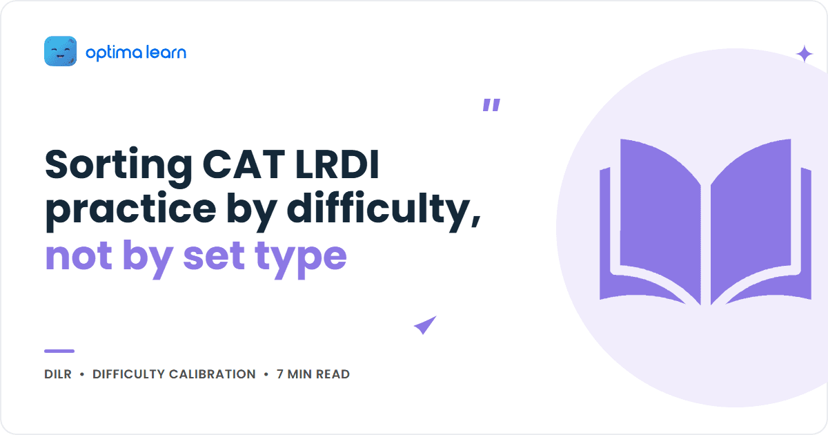 Optima Learn cover graphic for the article "Sorting CAT LRDI practice by difficulty, not by set type", showing the title beside an open book icon inside a soft lavender circle