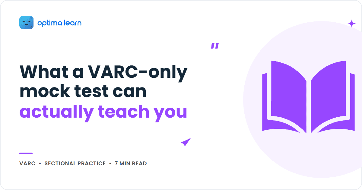 Optima Learn cover graphic for the article "What a VARC-only mock test can actually teach you", showing the title beside an open book icon inside a soft purple circle