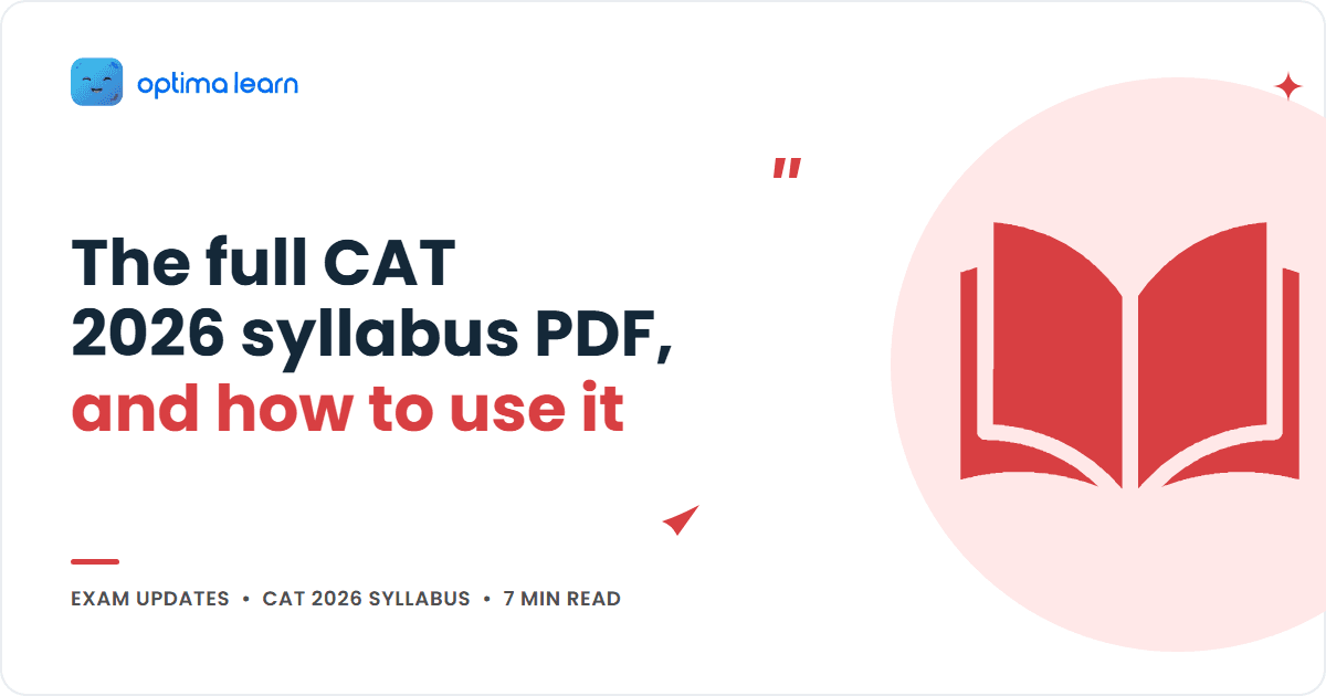 Optima Learn cover graphic for the article "The full CAT 2026 syllabus PDF, and how to use it", showing the title beside an open book icon inside a soft red circle