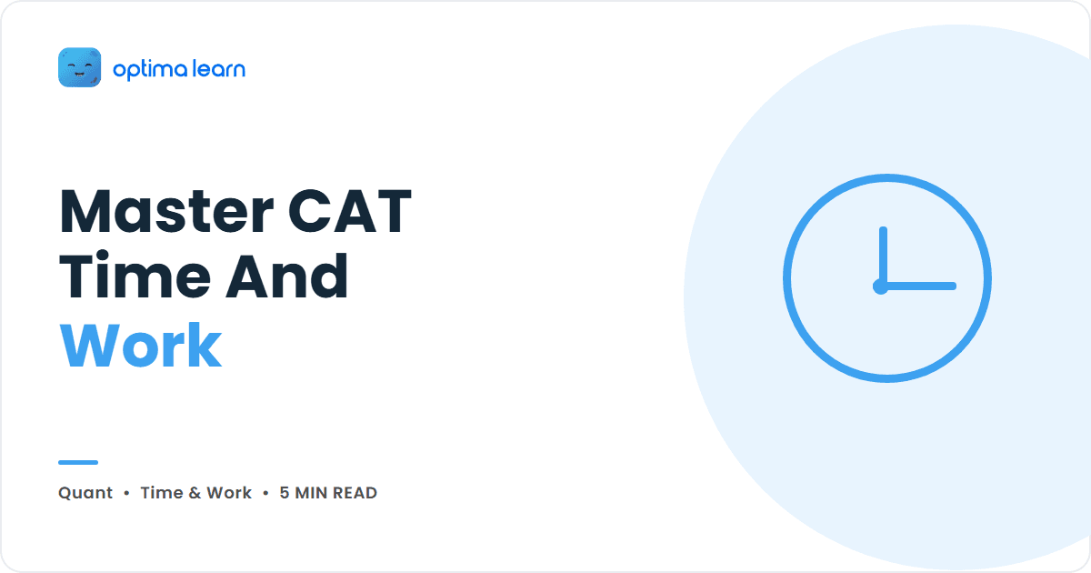 Sky-blue Optima Learn cover for Master CAT Time And Work, showing a circular clock icon and the Optima Learn logo.