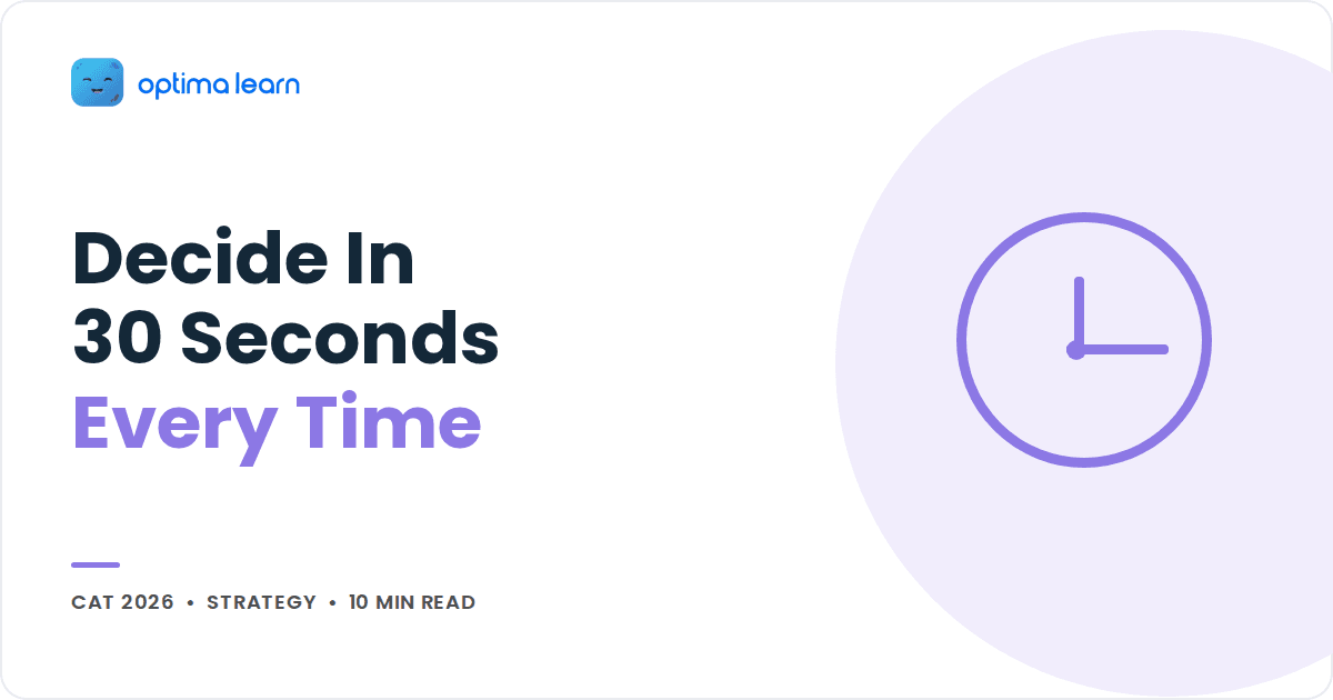 Optima Learn cover graphic: 'Decide In 30 Seconds, Every Time' beside a purple outline clock on a lavender circle.