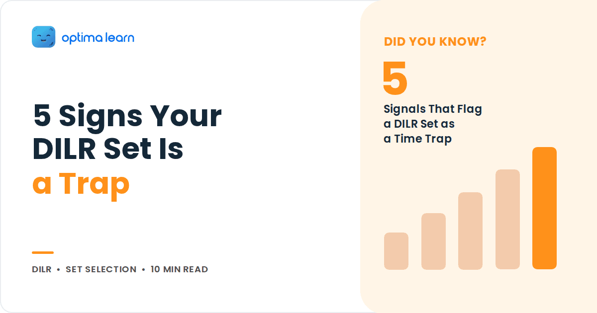 Optima Learn cover graphic reading 5 Signs Your DILR Set Is a Trap, with an orange stat panel and ascending bar chart