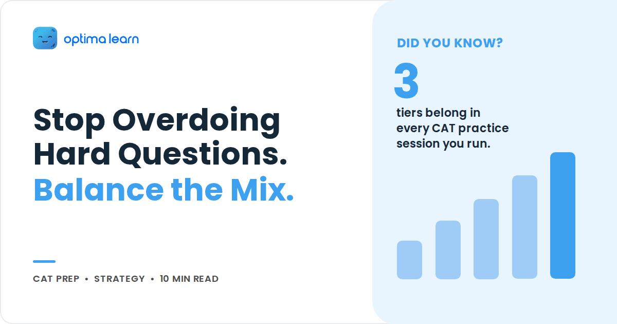 Sky blue cover reading Stop Overdoing Hard Questions, Balance the Mix, with a DID YOU KNOW panel and bar chart.
