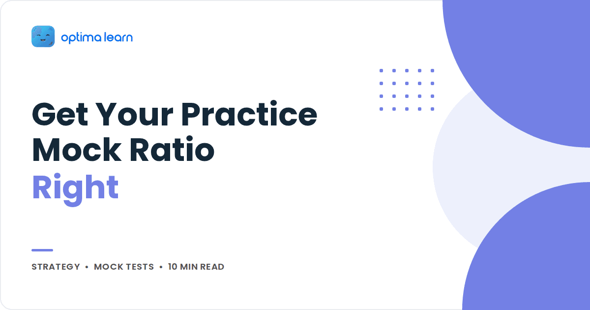 Optima Learn cover image with the headline Get Your Practice Mock Ratio Right, periwinkle blob shapes and a small dot grid.