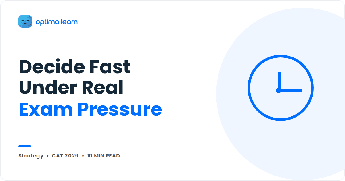 Optima Learn cover illustration of a large outlined clock, symbolising decision making under CAT exam time pressure.