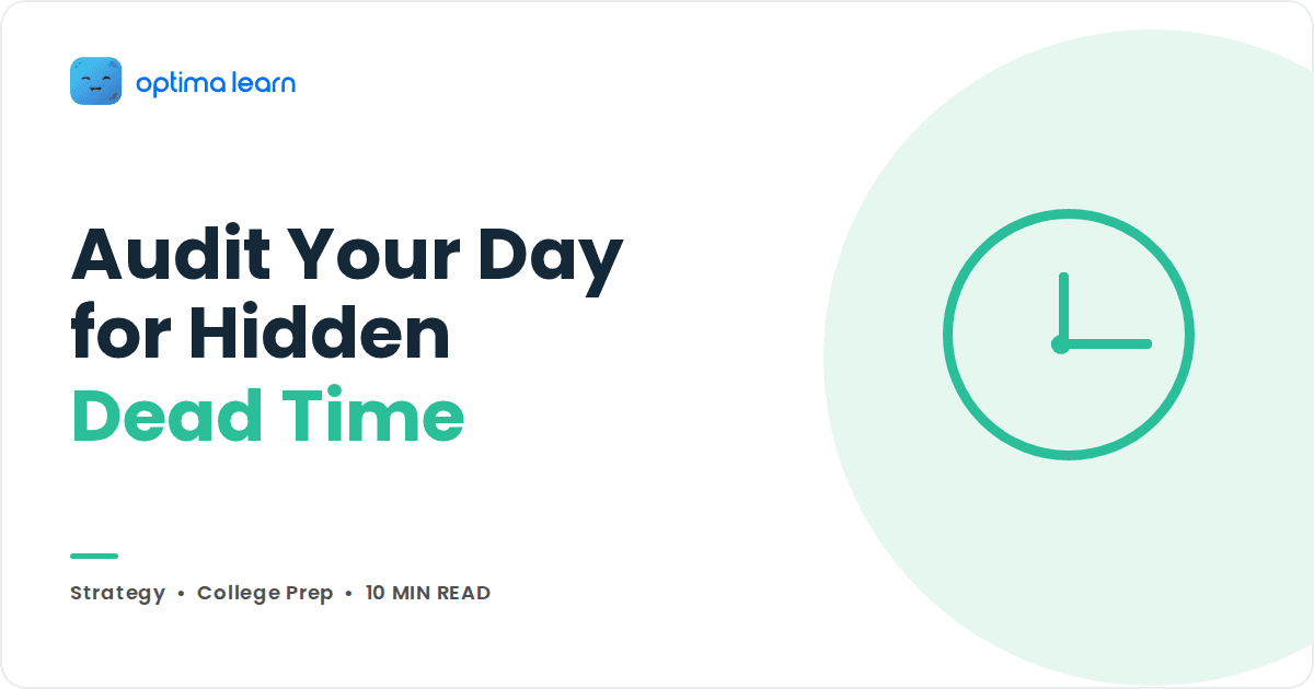 Optima Learn cover graphic with a mint clock illustration and the headline Audit Your Day for Hidden Dead Time