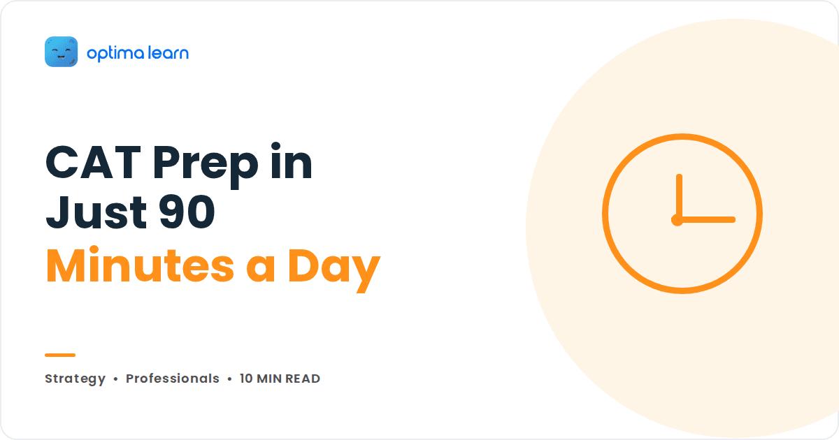 Optima Learn cover graphic reading CAT Prep in Just 90 Minutes a Day, beside an orange clock icon.