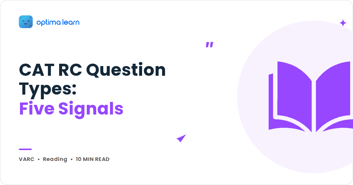 Blog cover reading CAT RC Question Types: Five Signals, with a purple book icon inside a pale circle.