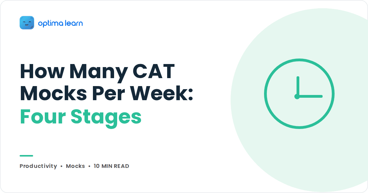 Blog cover reading How Many CAT Mocks Per Week: Four Stages, beside a large outline clock in a pale mint circle.