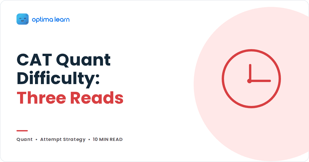 Blog cover reading CAT Quant Difficulty: Three Reads, beside a large outline clock in a pale red circle.