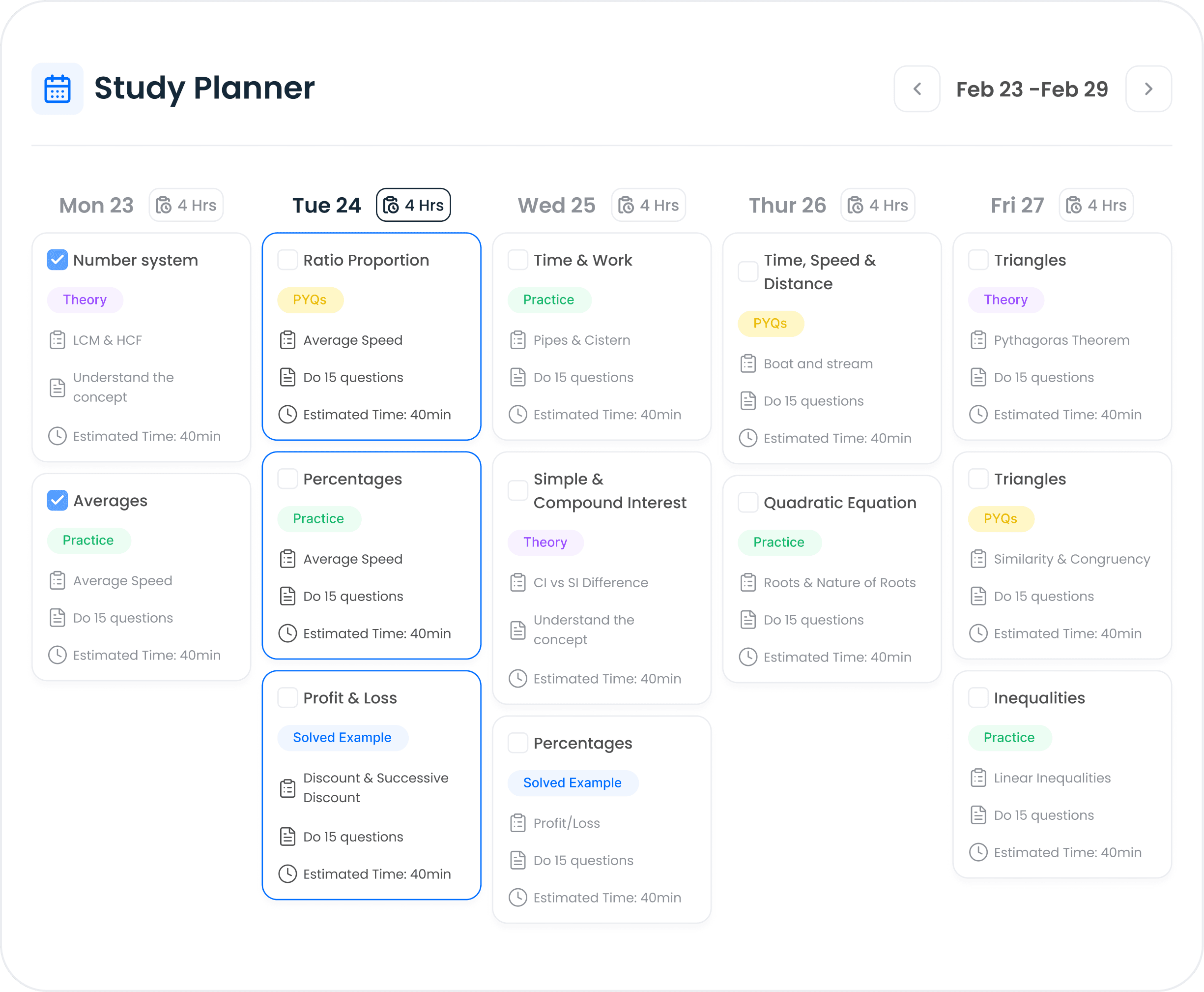 Study Planner showing a weekly quant study schedule with daily task breakdowns