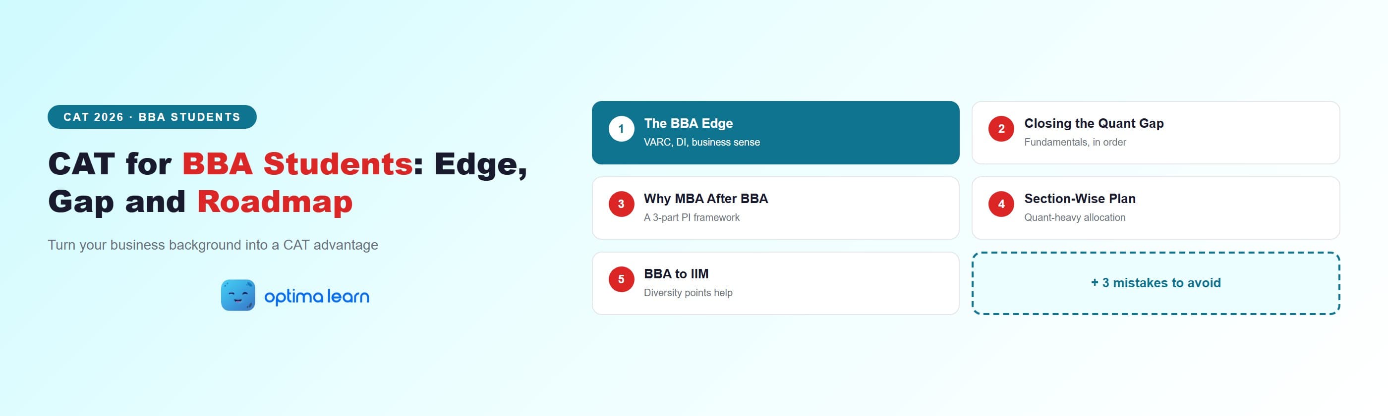 CAT for BBA students 2026 roadmap: the BBA edge, closing the Quant gap, the why-MBA-after-BBA framework, and a section-wise plan.
