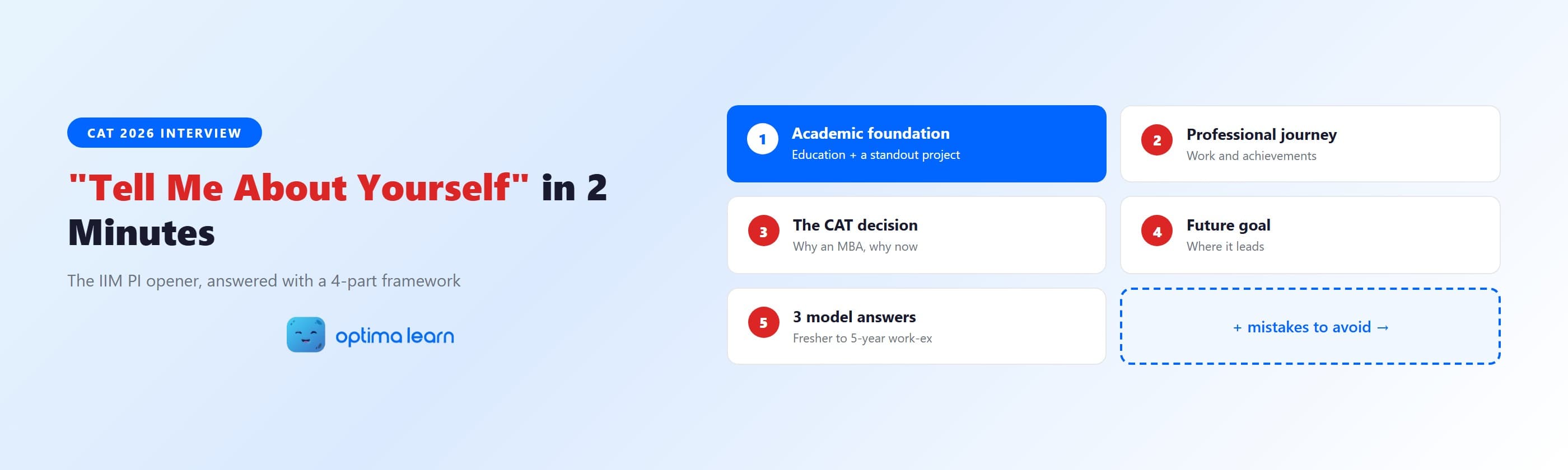 How to answer "Tell me about yourself" in an IIM PI in under 2 minutes: the 4-part TMAY framework, common mistakes, and 3 model answers for different profiles.