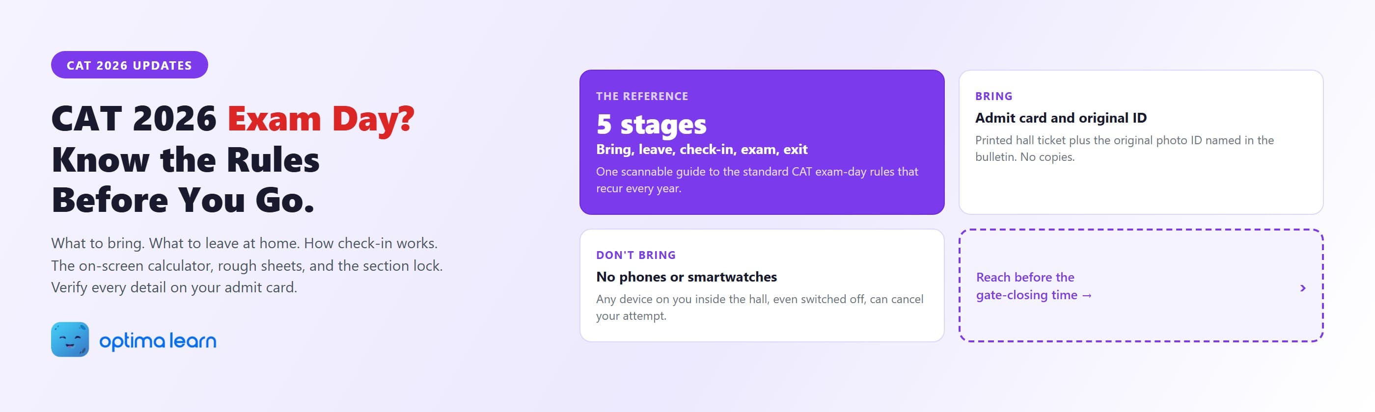 CAT 2026 Updates hero for exam-day guidelines showing the five stages (bring, leave, check-in, exam, exit), the admit-card-and-ID requirement, and the no-phones-or-smartwatches rule.