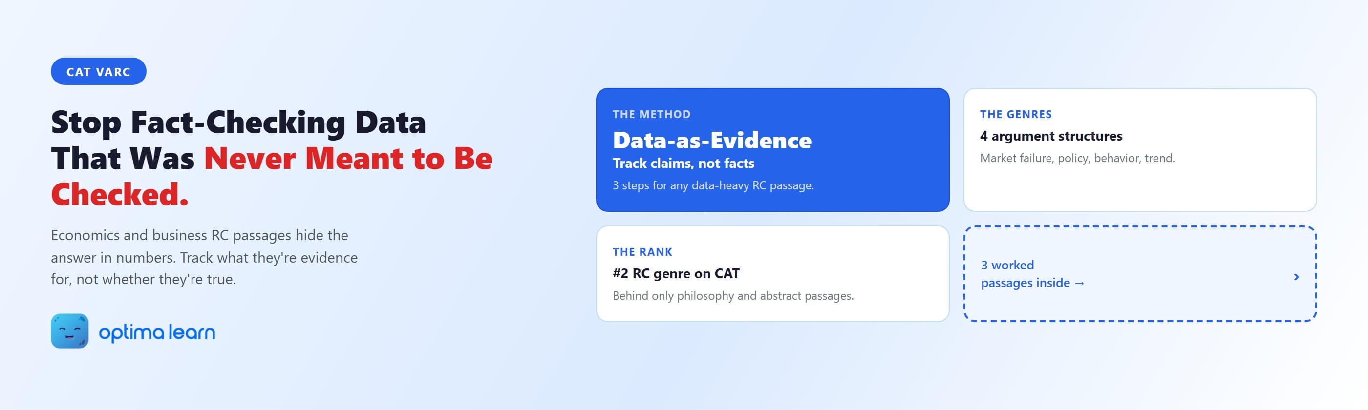 CAT economics and business RC passages hero showing the data-as-evidence protocol and the 4 argument structures: market failure, policy, behavior, trend.