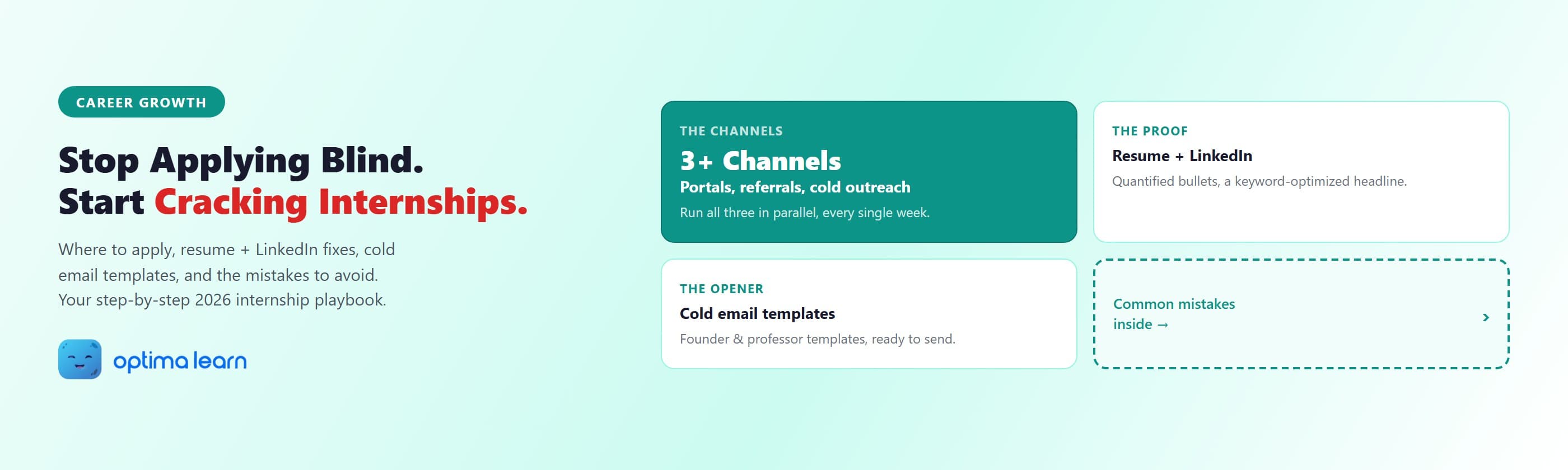 How students crack internships in 2026 hero showing the three application channels, resume and LinkedIn fixes, and cold email templates.