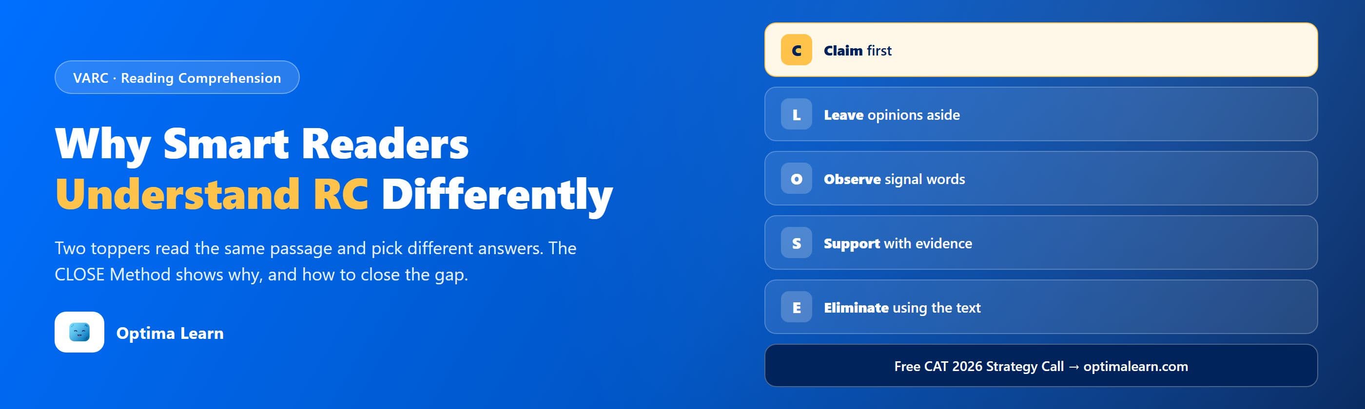 Optima Learn hero banner: "Why Smart Readers Understand RC Differently," introducing the 5-step CLOSE Method for CAT VARC reading comprehension.